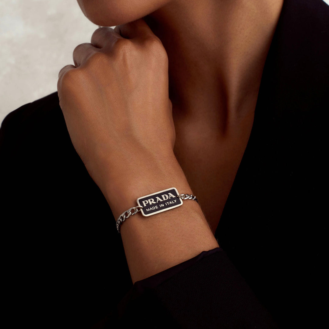 Small Black & Silver Rectangular Logo Bracelet