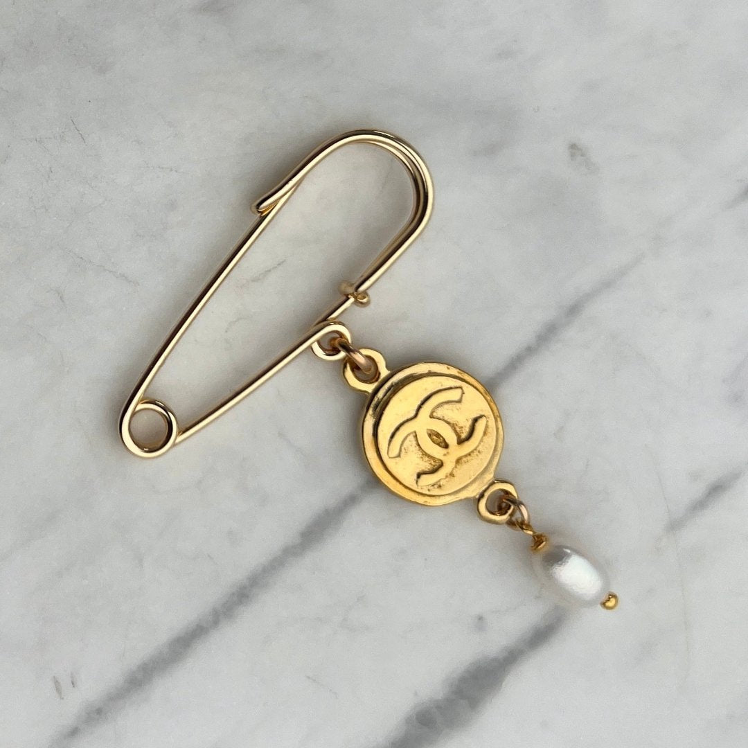 Gold Medallion Brooch with Pearl Drop