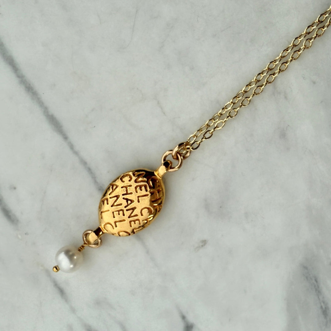 Gold Oval Printed Necklace with Pearl Drop