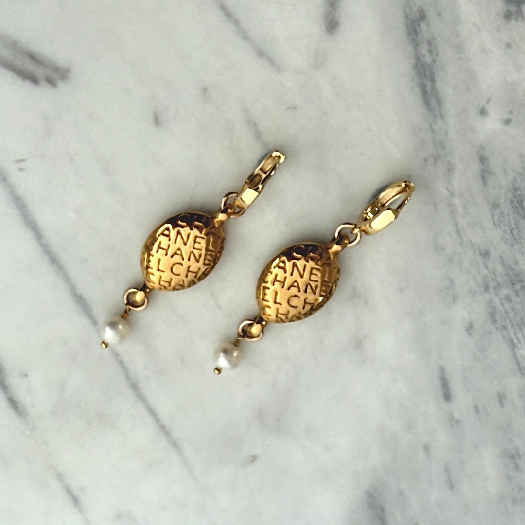 Gold Oval Printed Earrings with Pearl Drop