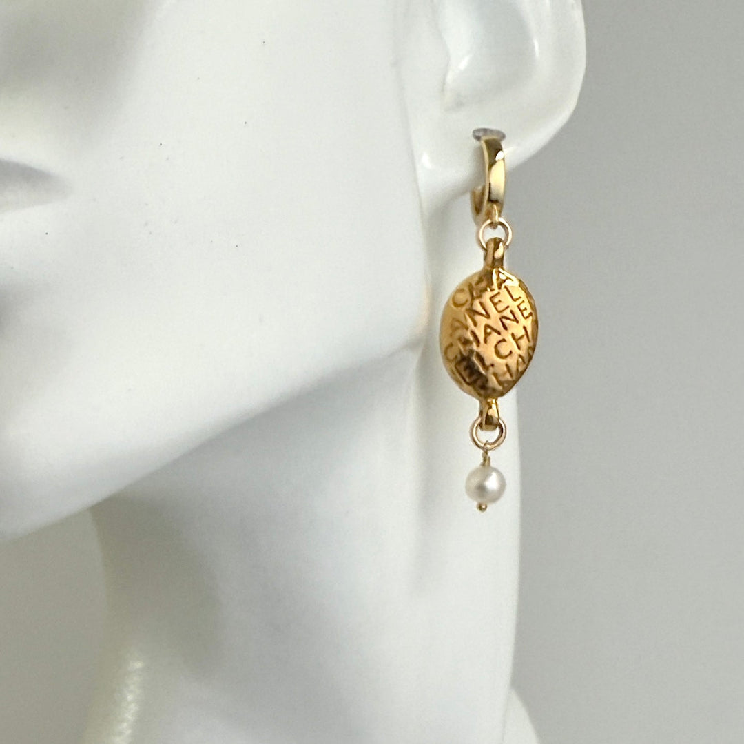 Gold Oval Printed Earrings with Pearl Drop