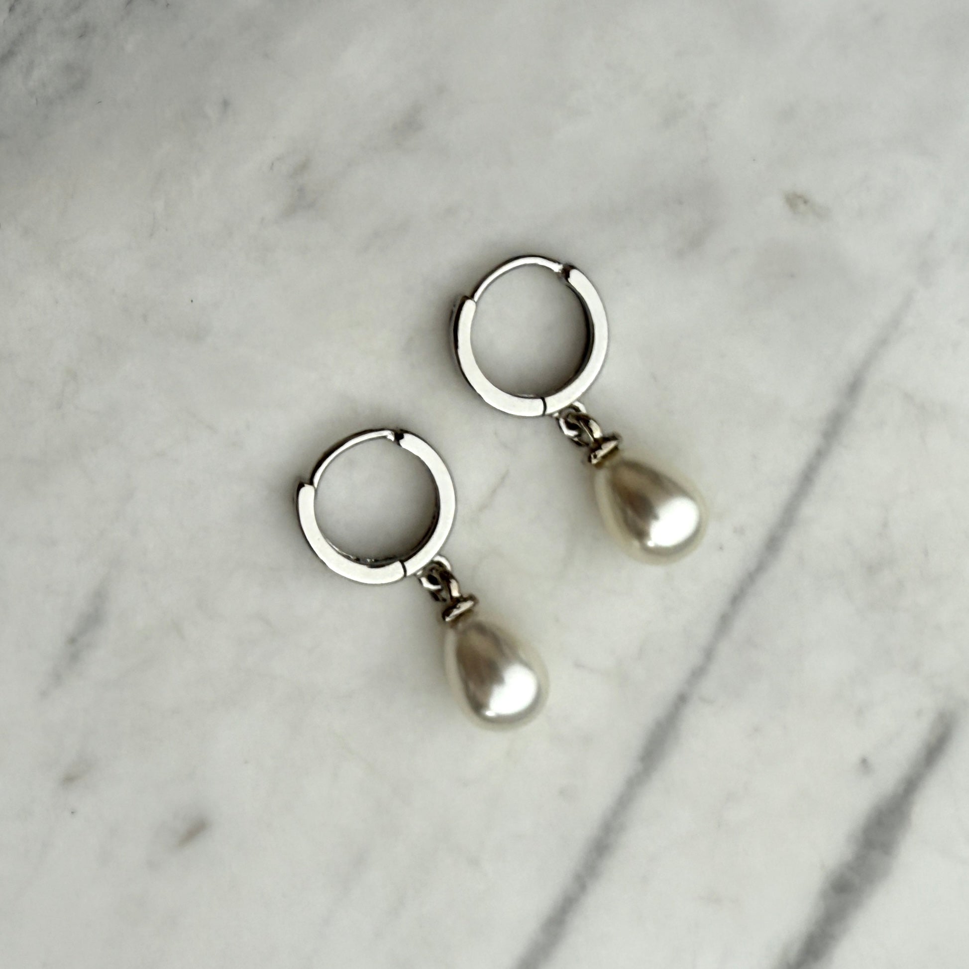 Silver Hoop Earrings with Pearl Drop