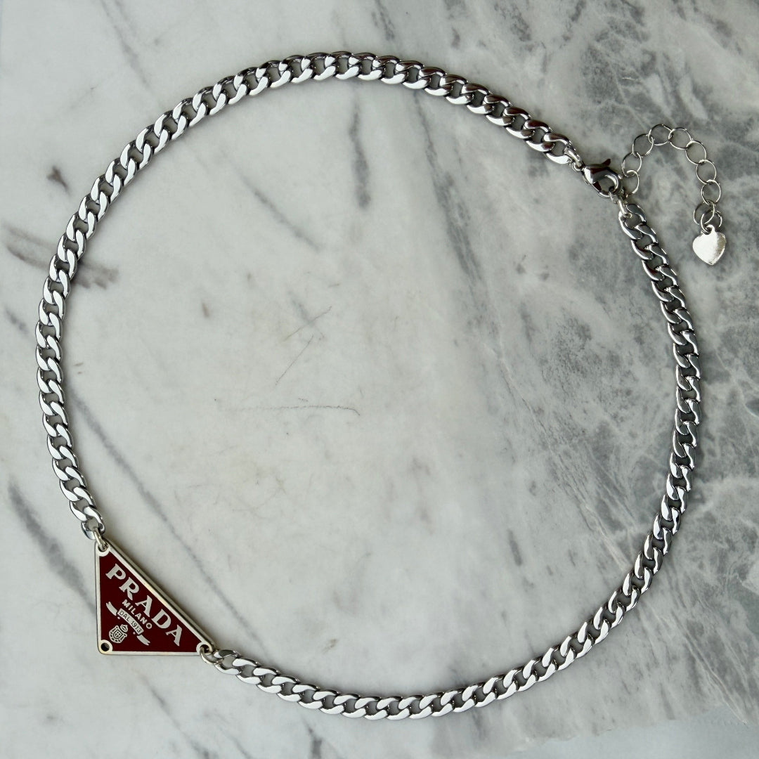 Red & Silver Triangular Logo Choker