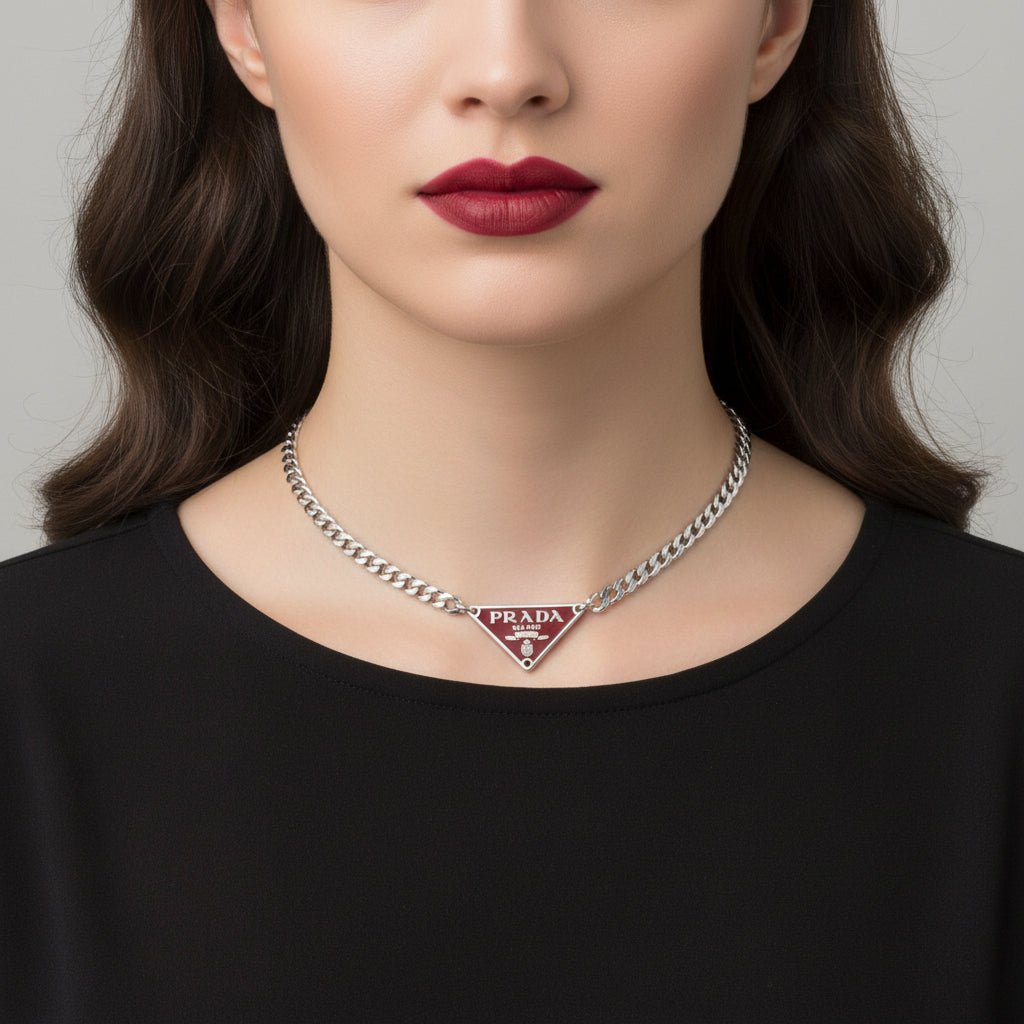 Red & Silver Triangular Logo Choker