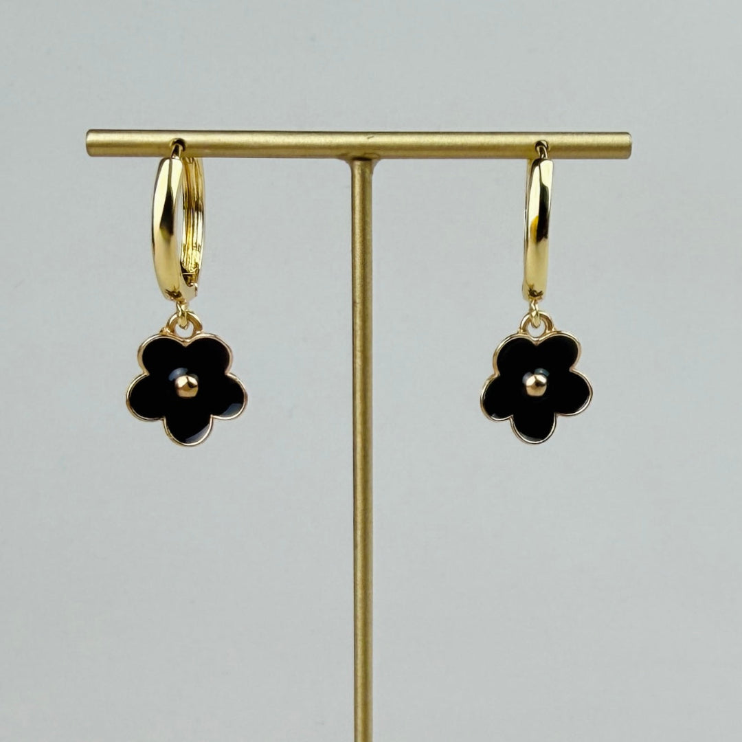 Gold Hoops with Black Flowers