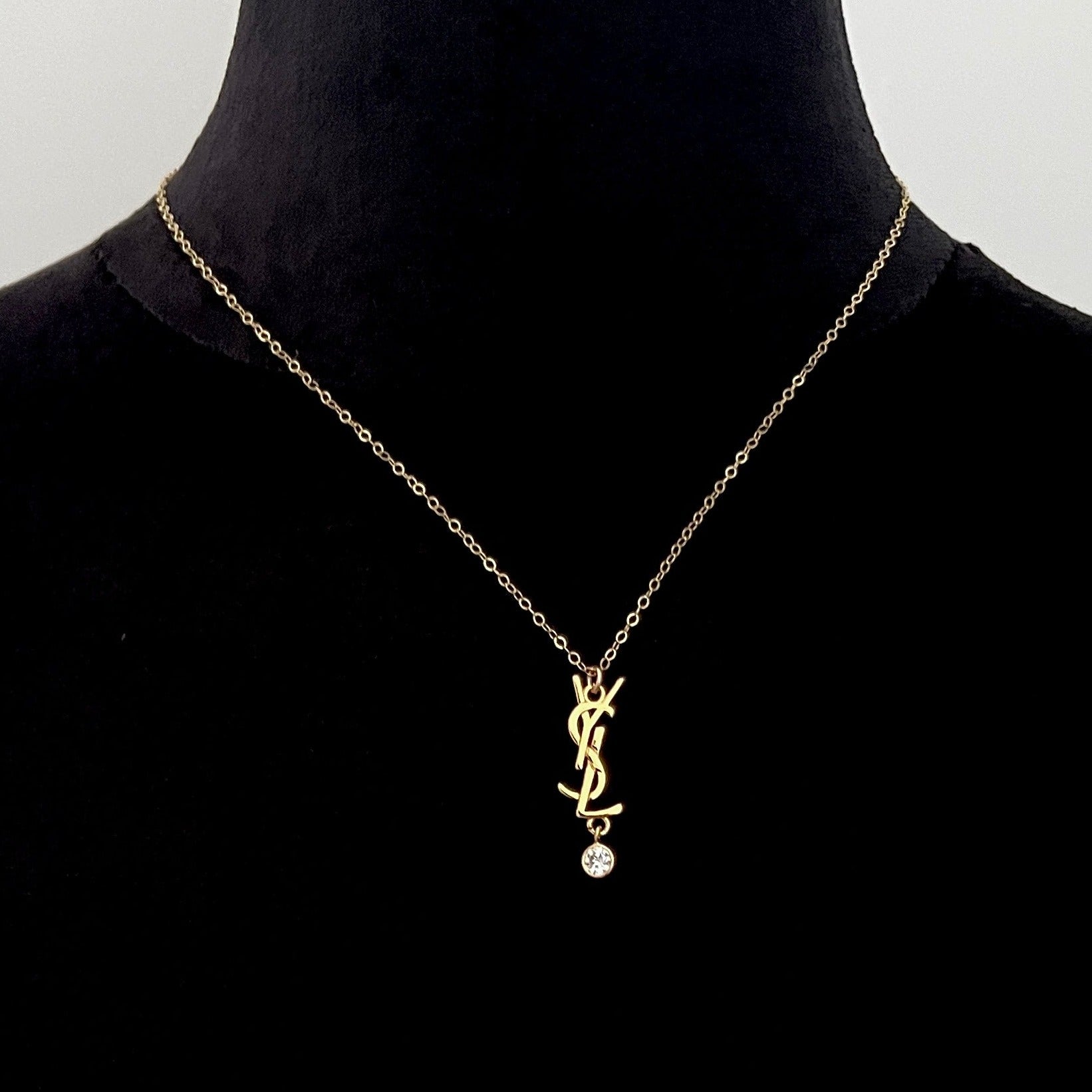 Gold Logo Necklace with Rhinestone Drop