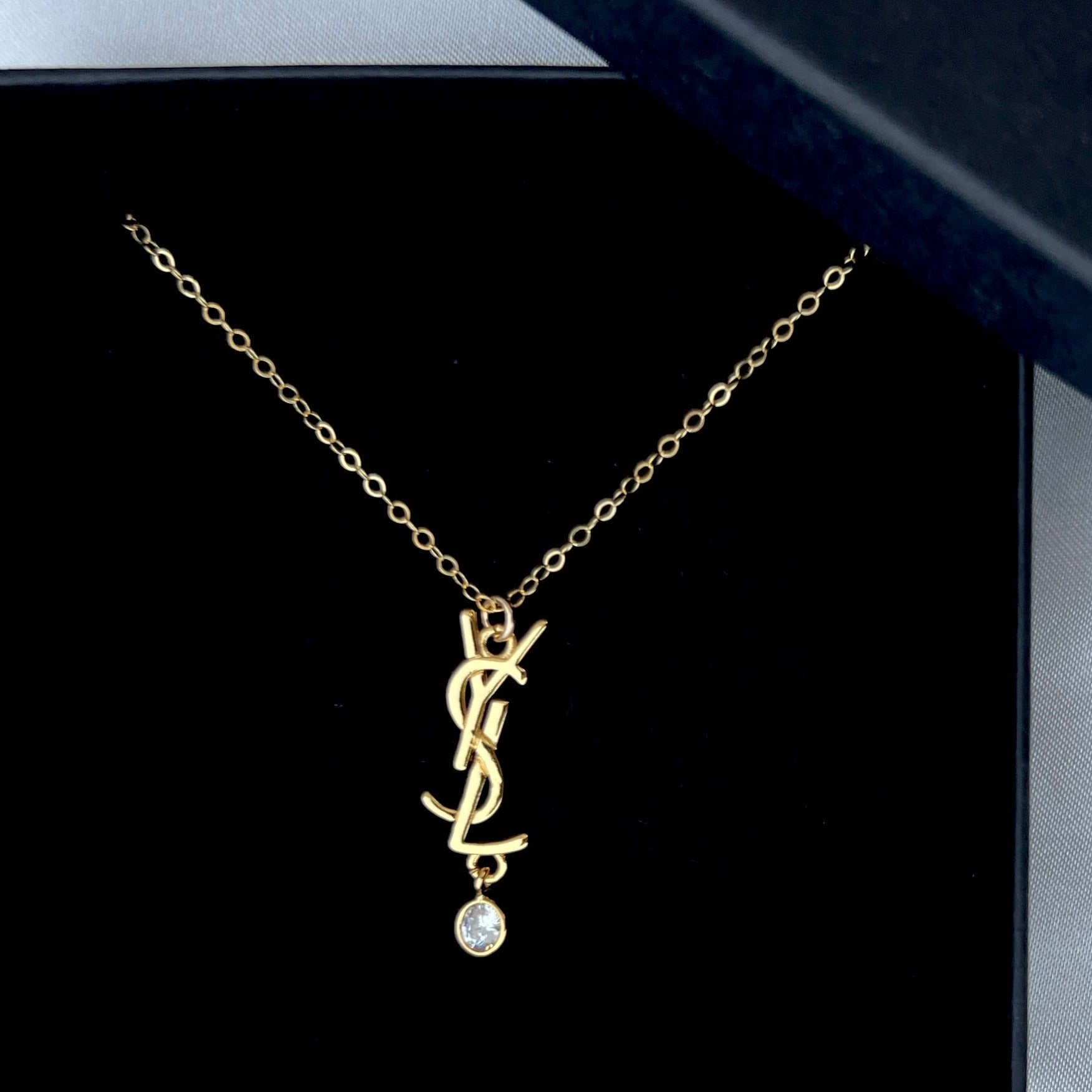 Gold Logo Necklace with Rhinestone Drop