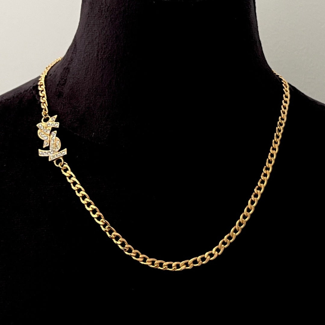 Asymmetrical Gold & Rhinestone Logo Necklace
