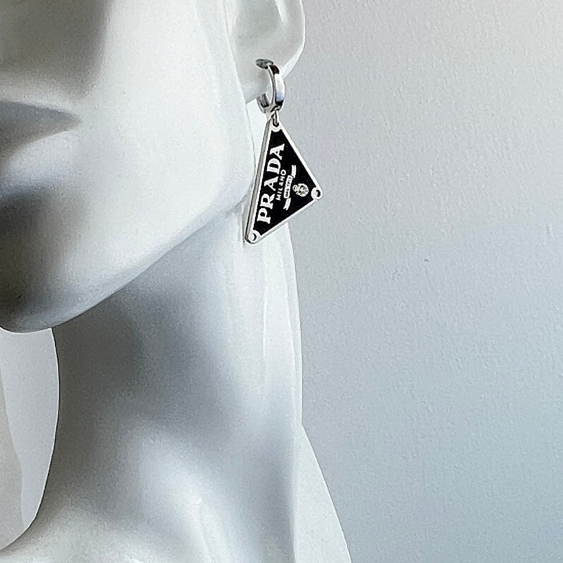 Triangular Black & Silver Logo Earrings