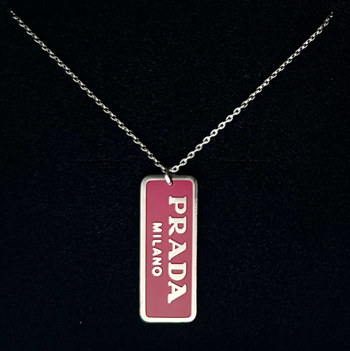 Small Hot Pink & Silver Rectangular Logo Necklace