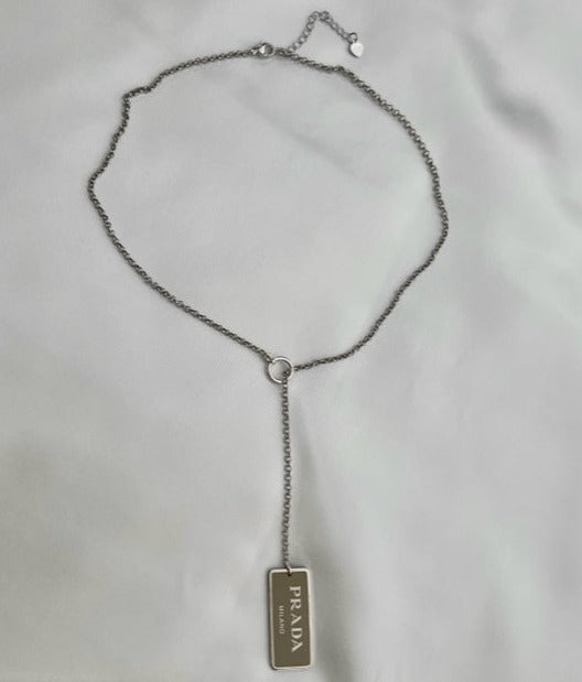 Beige & Silver Rectangular Logo Necklace