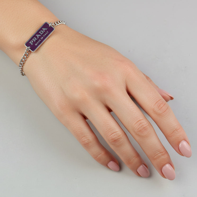 Small Plum & Silver Rectangular Logo Bracelet