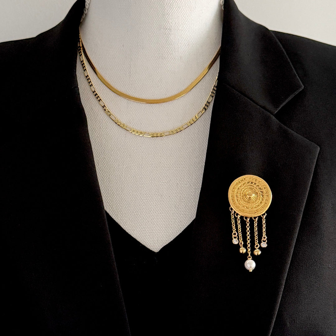 Gold Stamped Medallion Brooch
