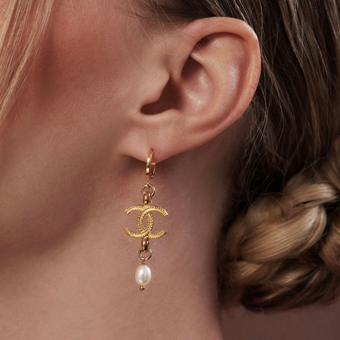 Gold Logo Earrings with Pearl Drop