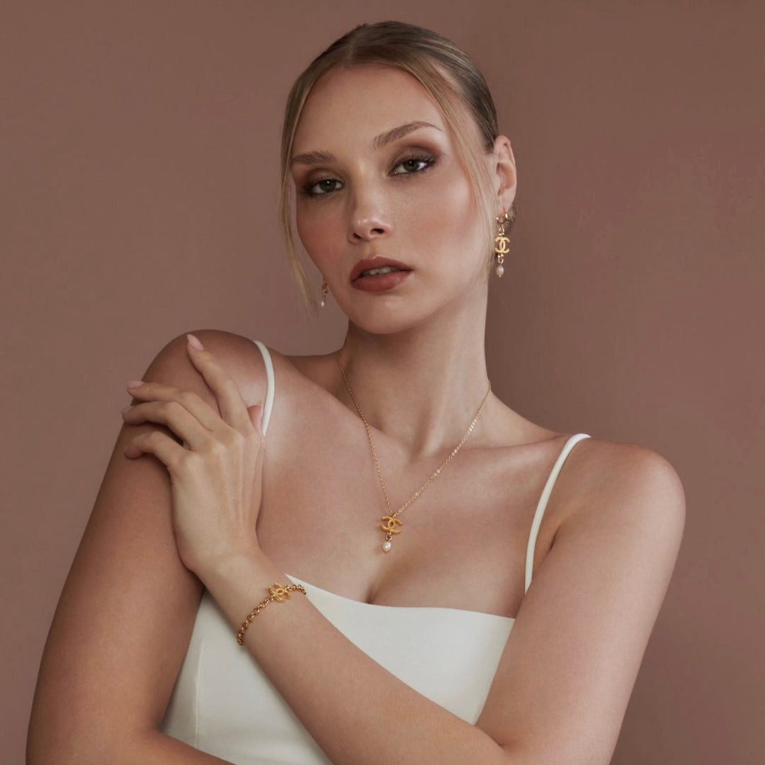 Gold Logo Earrings with Pearl Drop
