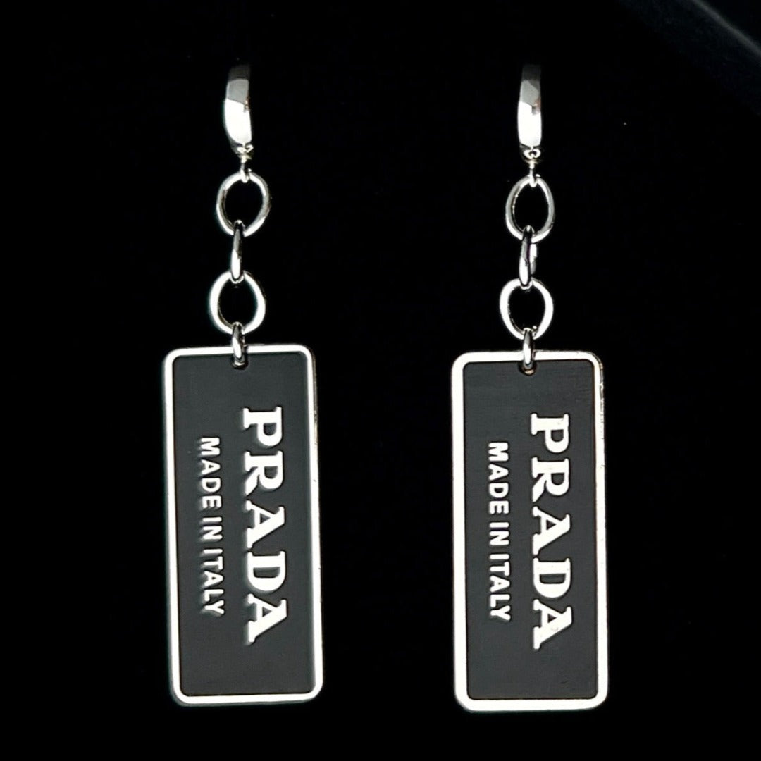 Black & Silver Rectangular Logo Earrings