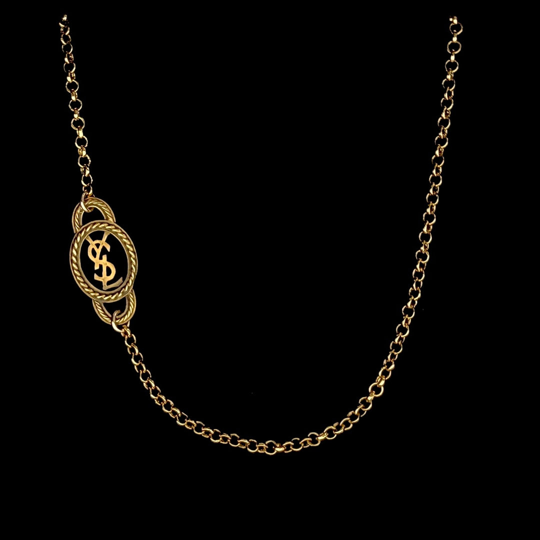 Asymmetrical Logo Necklace with Antique Gold Finish