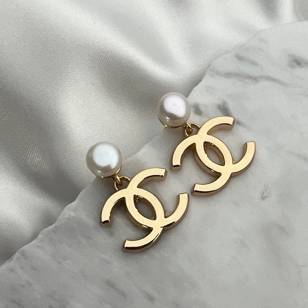 Large Gold Logo Earrings with Pearl Stud