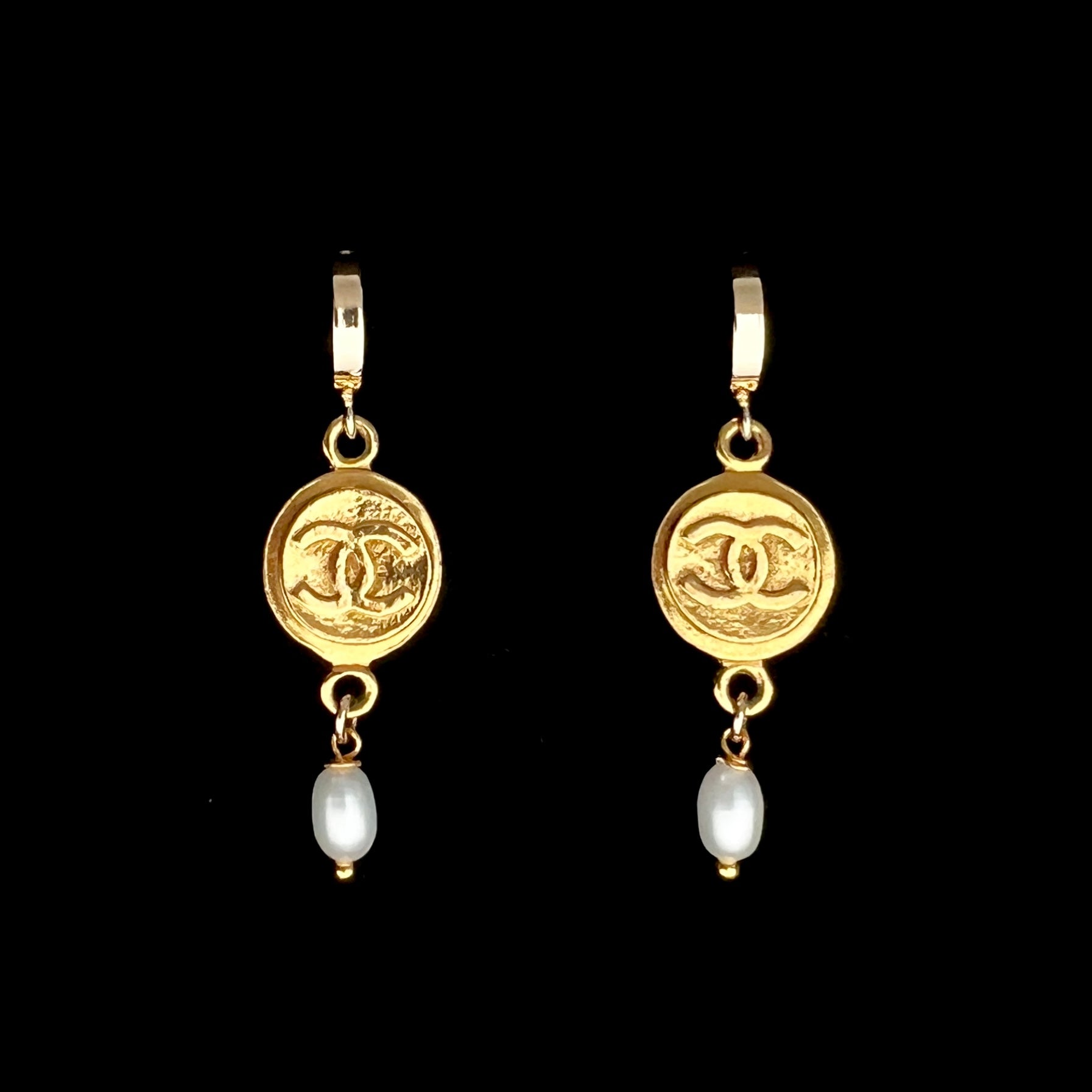 Gold Medallion Earrings with Pearl Drop