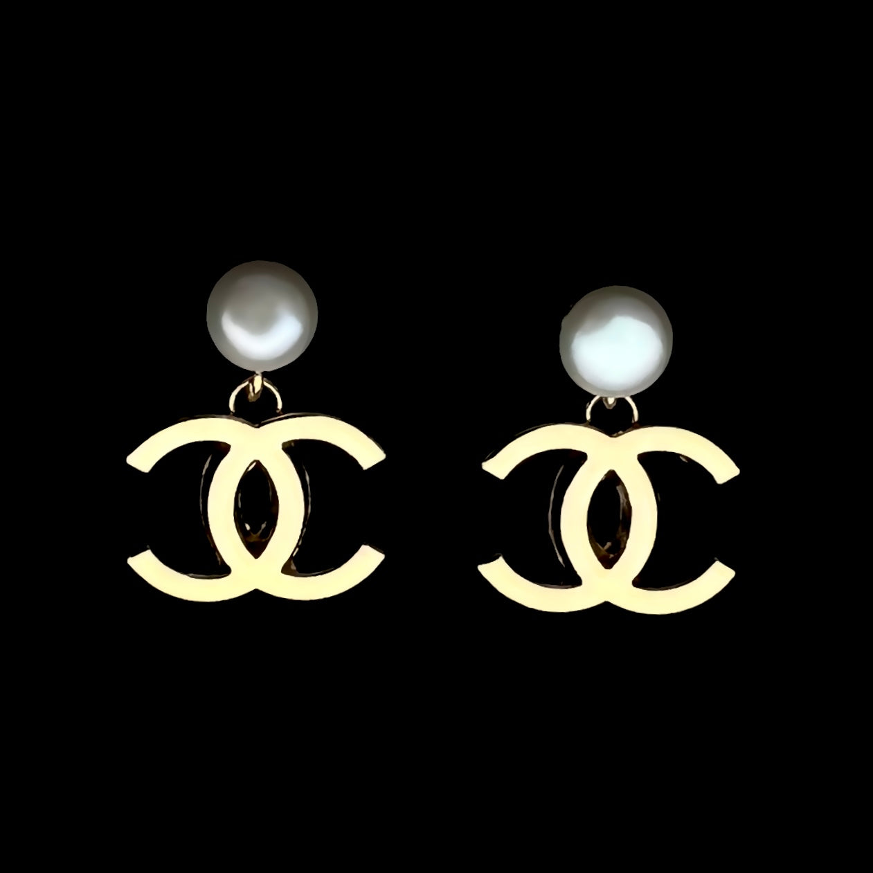 Large Gold Logo Earrings with Pearl Stud
