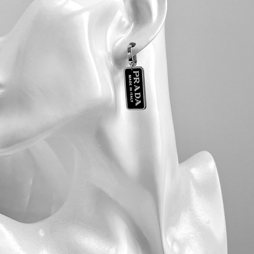 Small Black & Silver Rectangular Logo Earrings