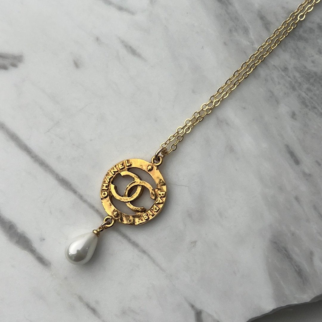 Gold Round Logo Necklace with Pearl Drop