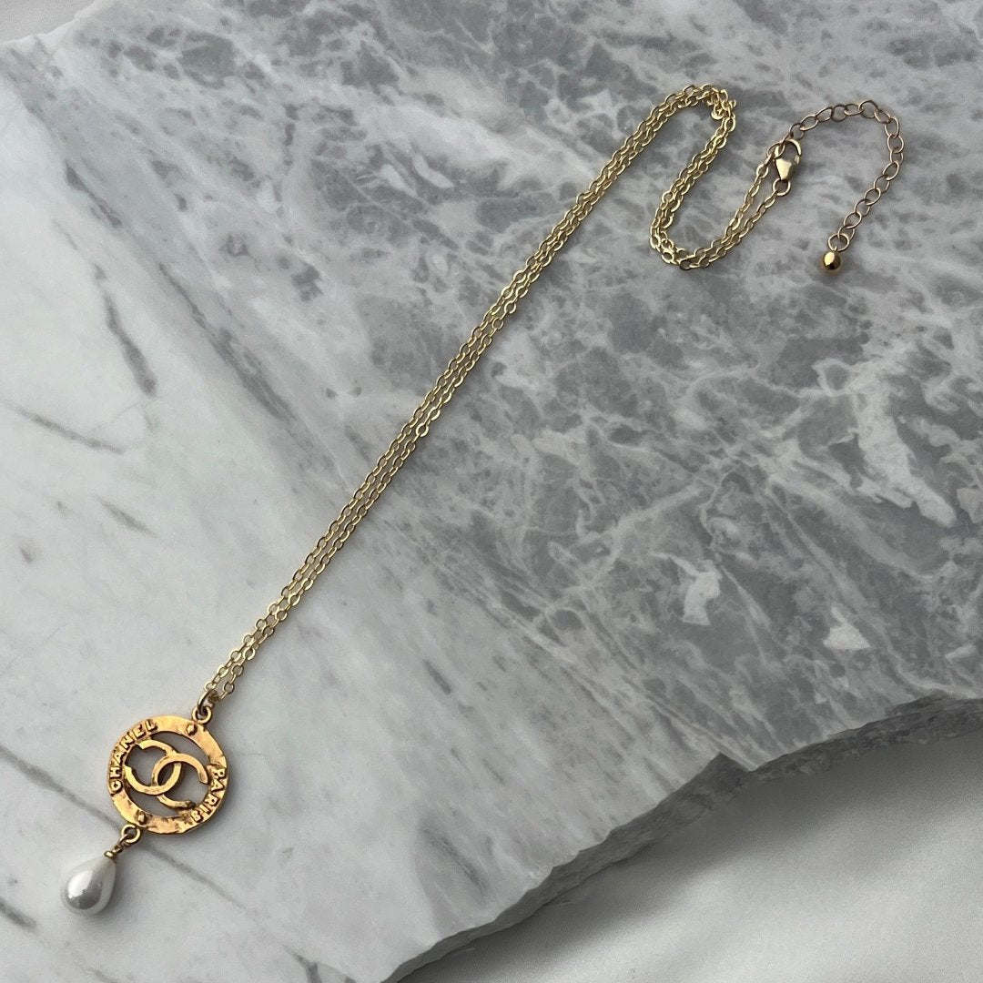 Gold Round Logo Necklace with Pearl Drop