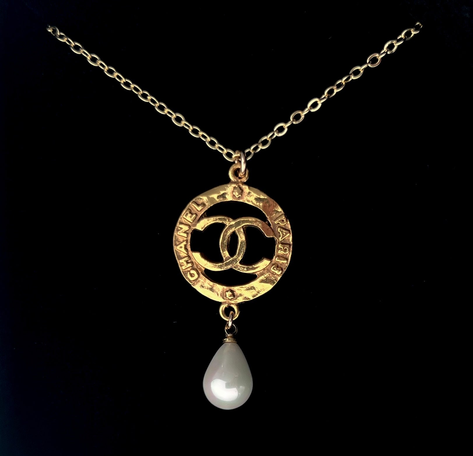 Gold Round Logo Necklace with Pearl Drop