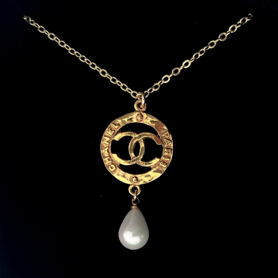 Gold Round Logo Necklace with Pearl Drop