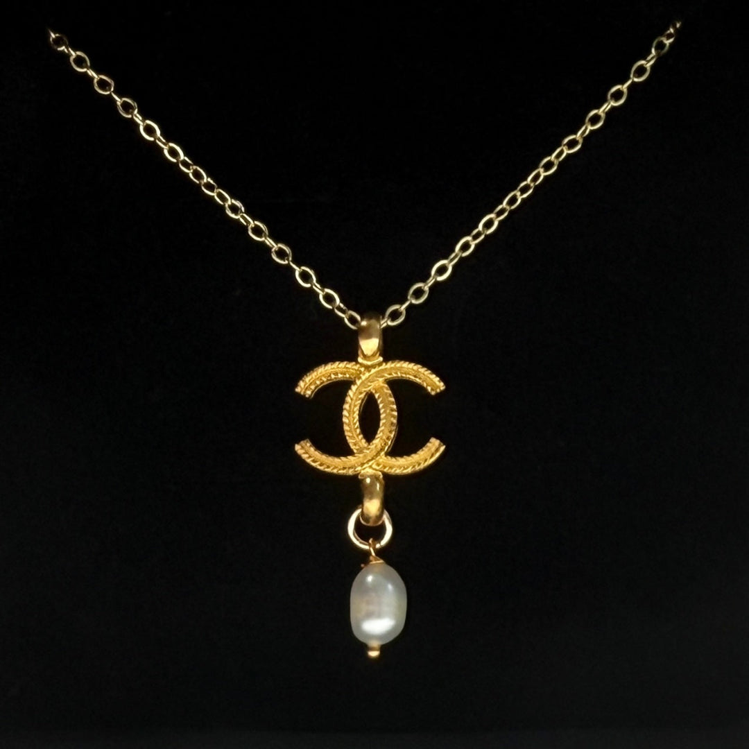 Gold Logo Necklace with Pearl Drop