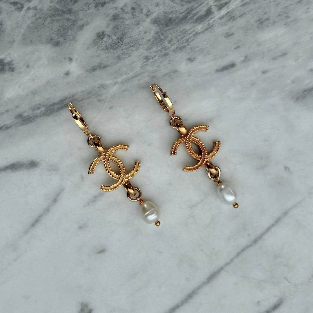 Gold Logo Earrings with Pearl Drop