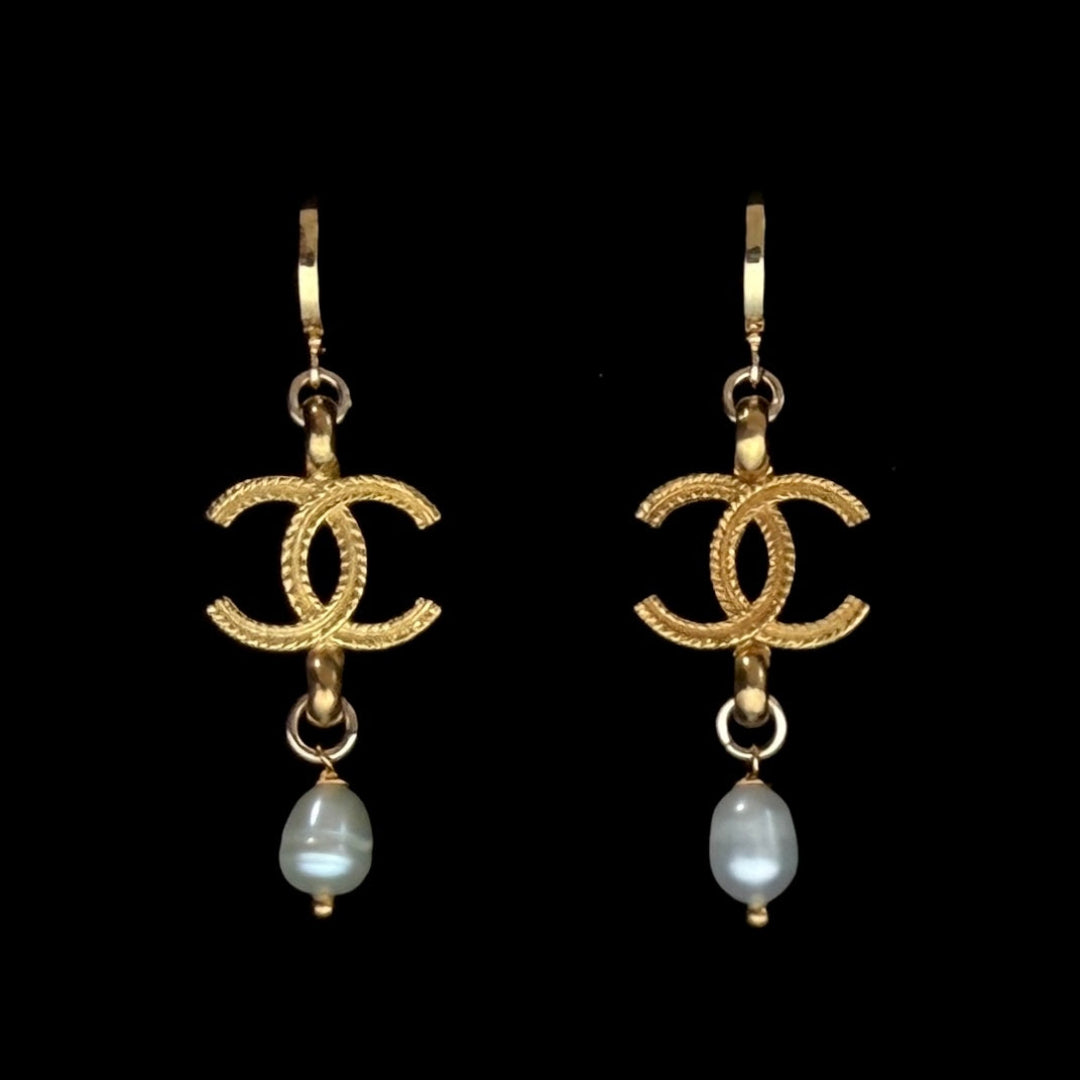 Gold Logo Earrings with Pearl Drop