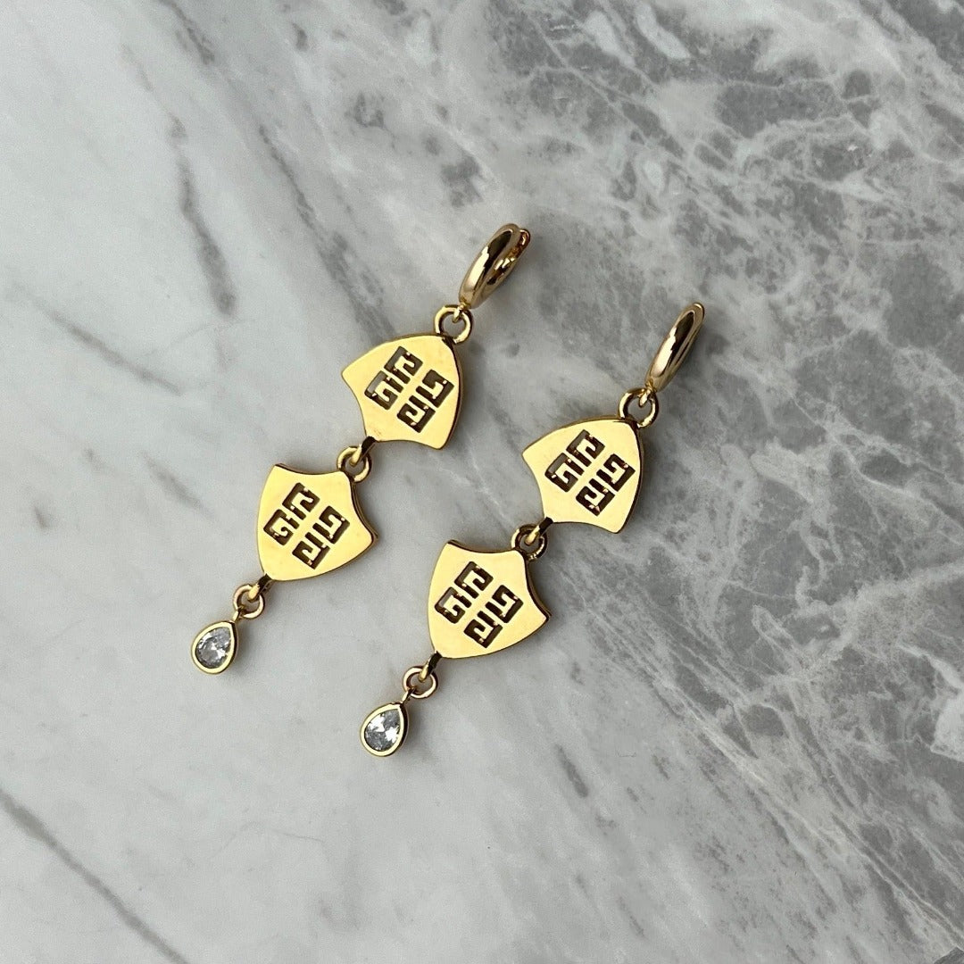 Statement Gold Double Logo Earrings with Crystal Drop