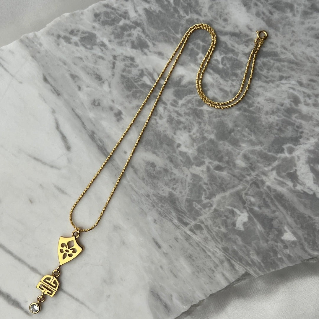 Statement Gold Logo Necklace with Crystal Drop