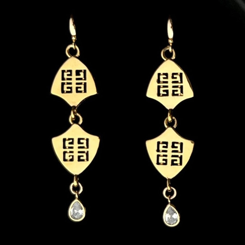 Statement Gold Double Logo Earrings with Crystal Drop