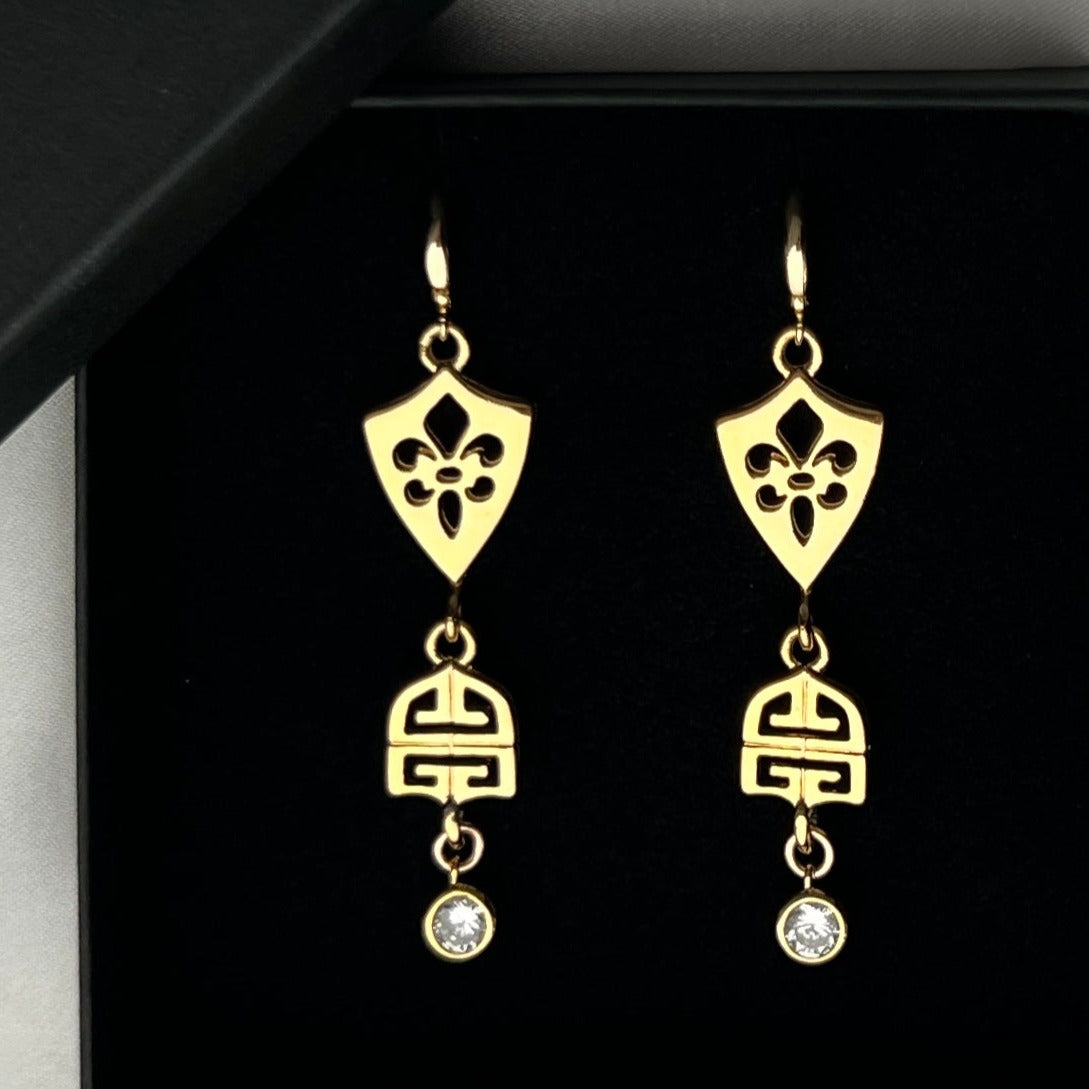 Statement Gold Logo Earrings with Crystal Drop