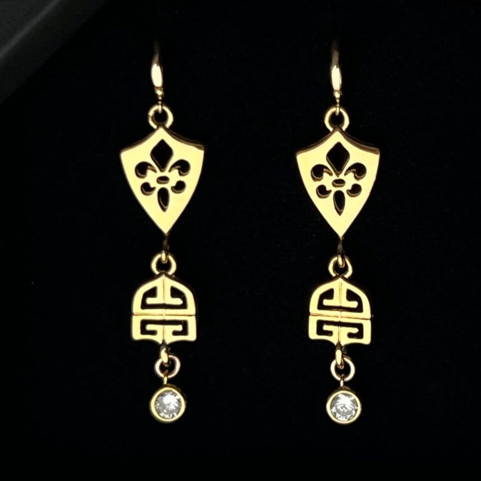 Statement Gold Logo Earrings with Crystal Drop