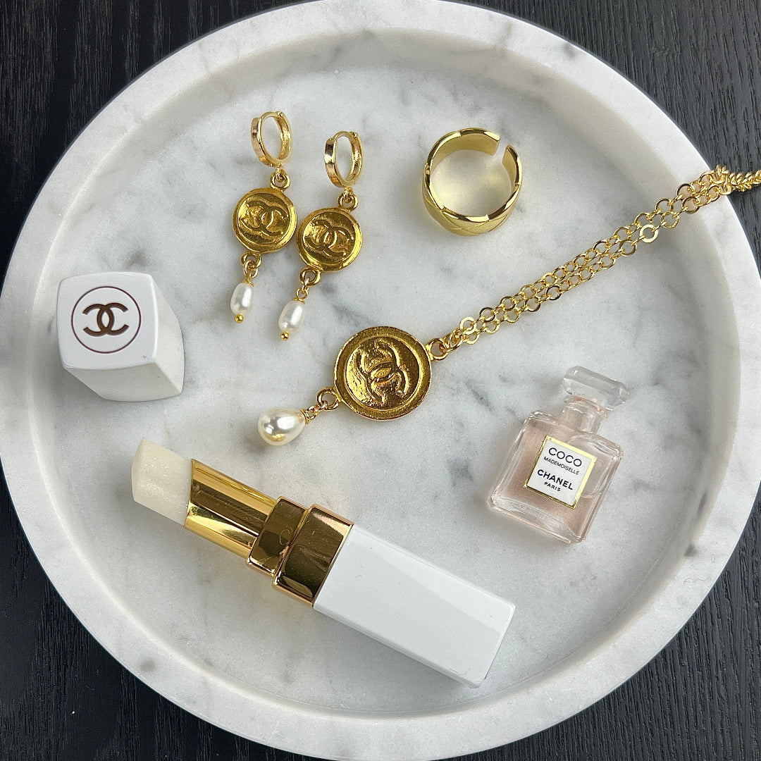 Gold Medallion Earrings with Pearl Drop