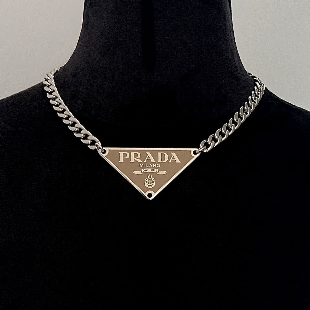 Statement Beige & Silver Triangular Logo Necklace