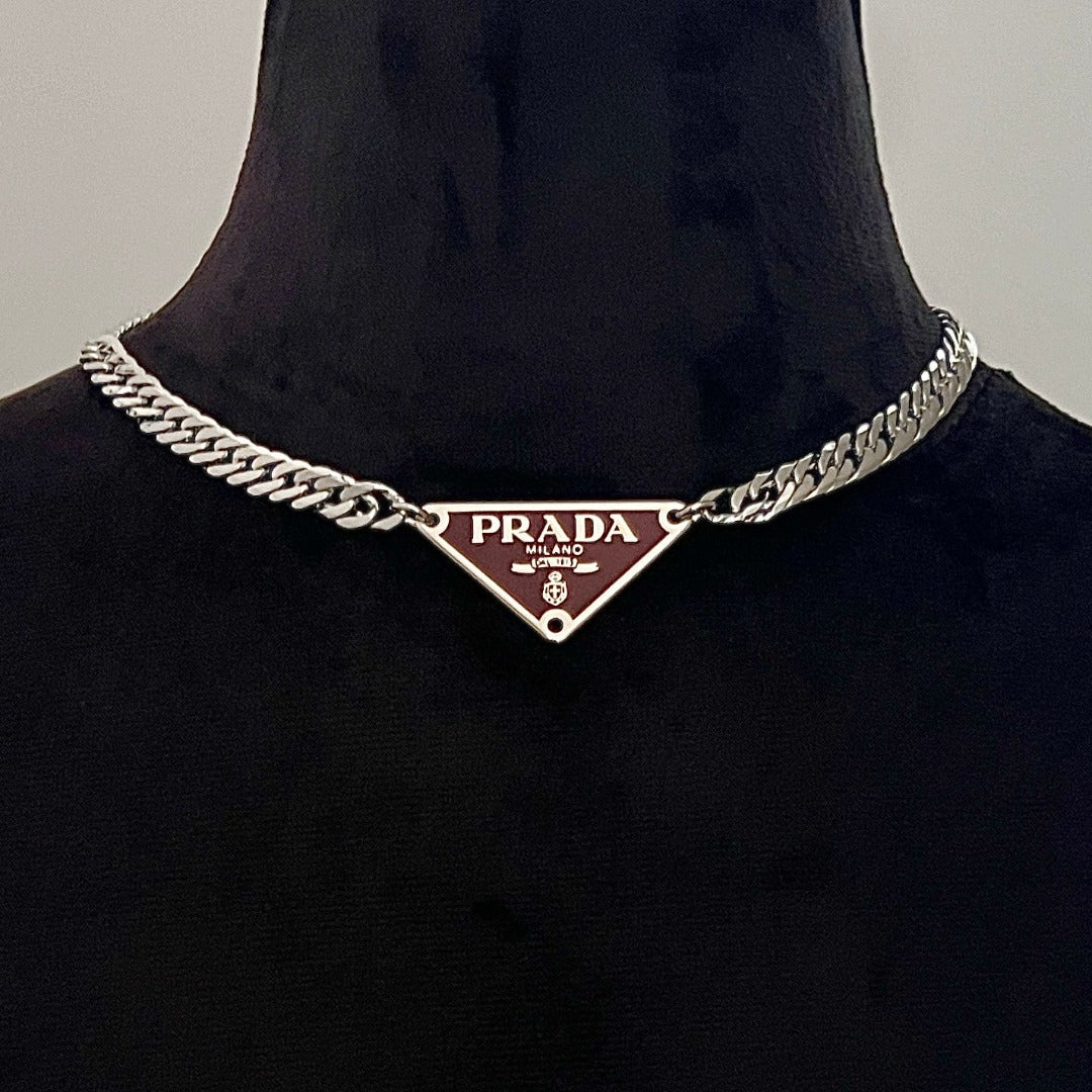 Burgundy & Silver Triangular Logo Choker