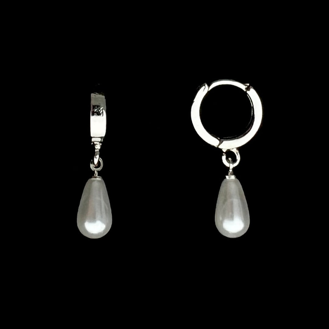 Silver Hoop Earrings with Pearl Drop