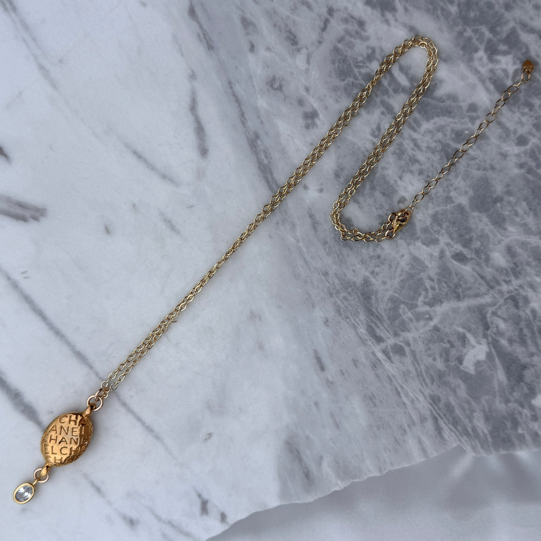 Gold Oval Printed Necklace with Crystal Drop