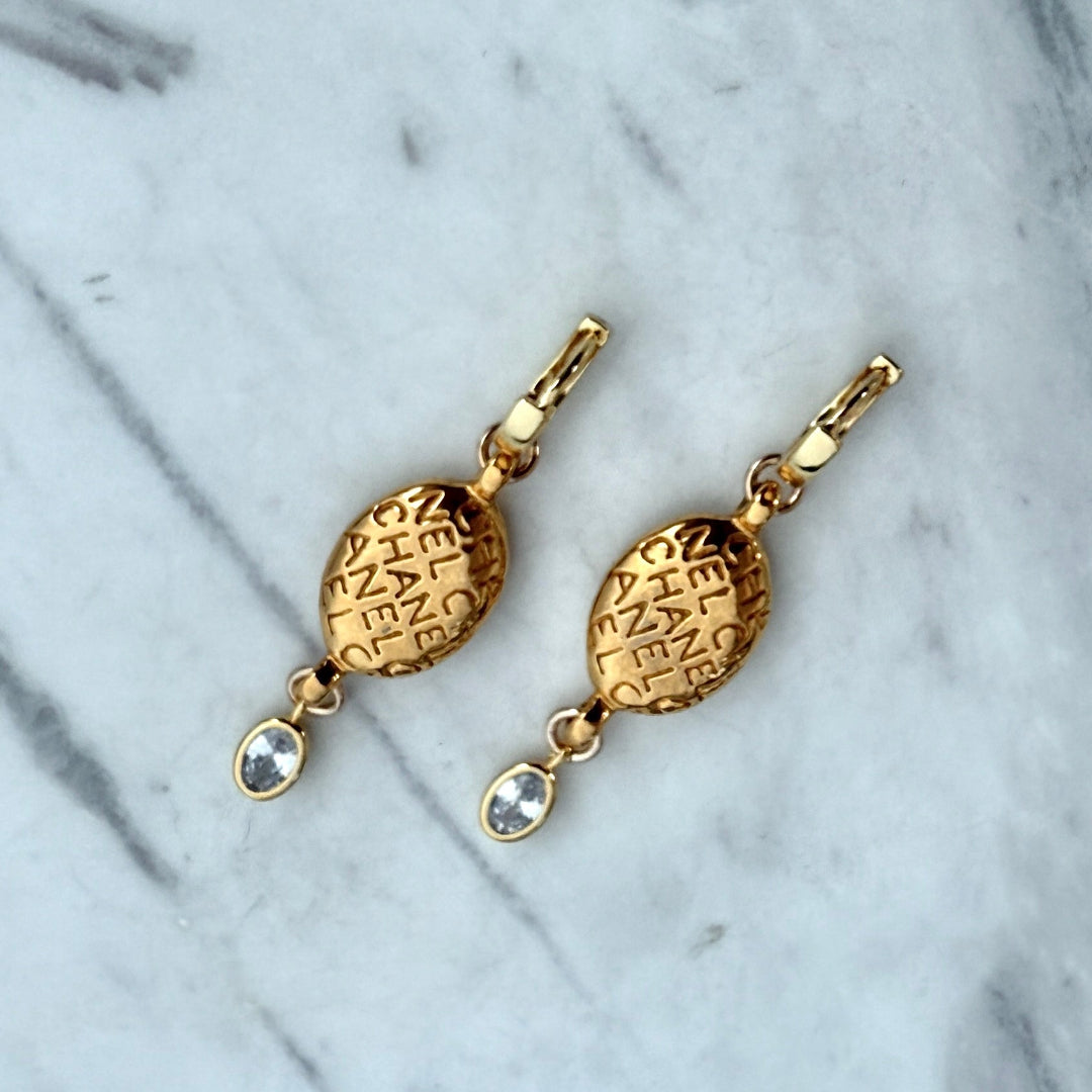 Gold Oval Printed Earrings with Crystal Drop