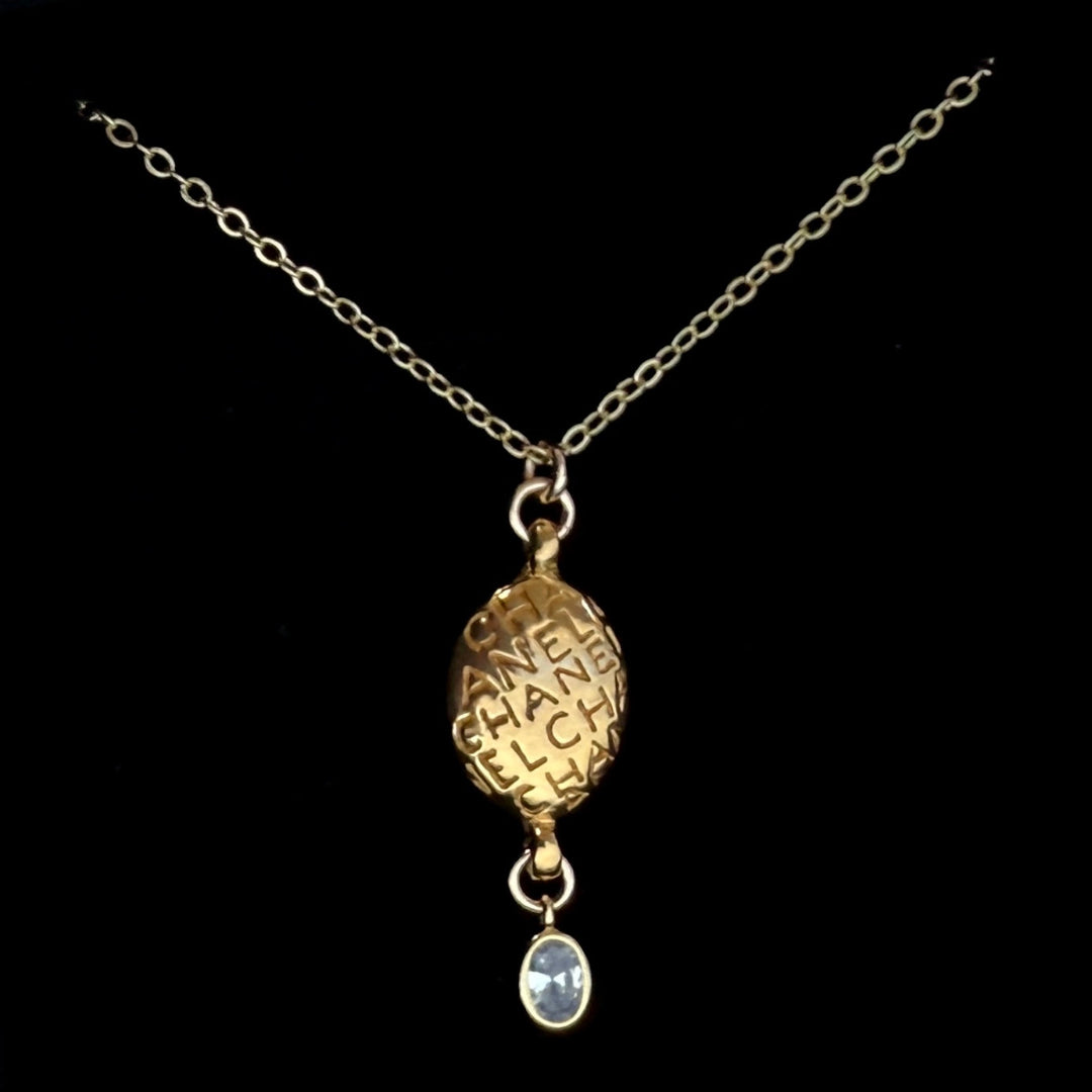 Gold Oval Printed Necklace with Crystal Drop