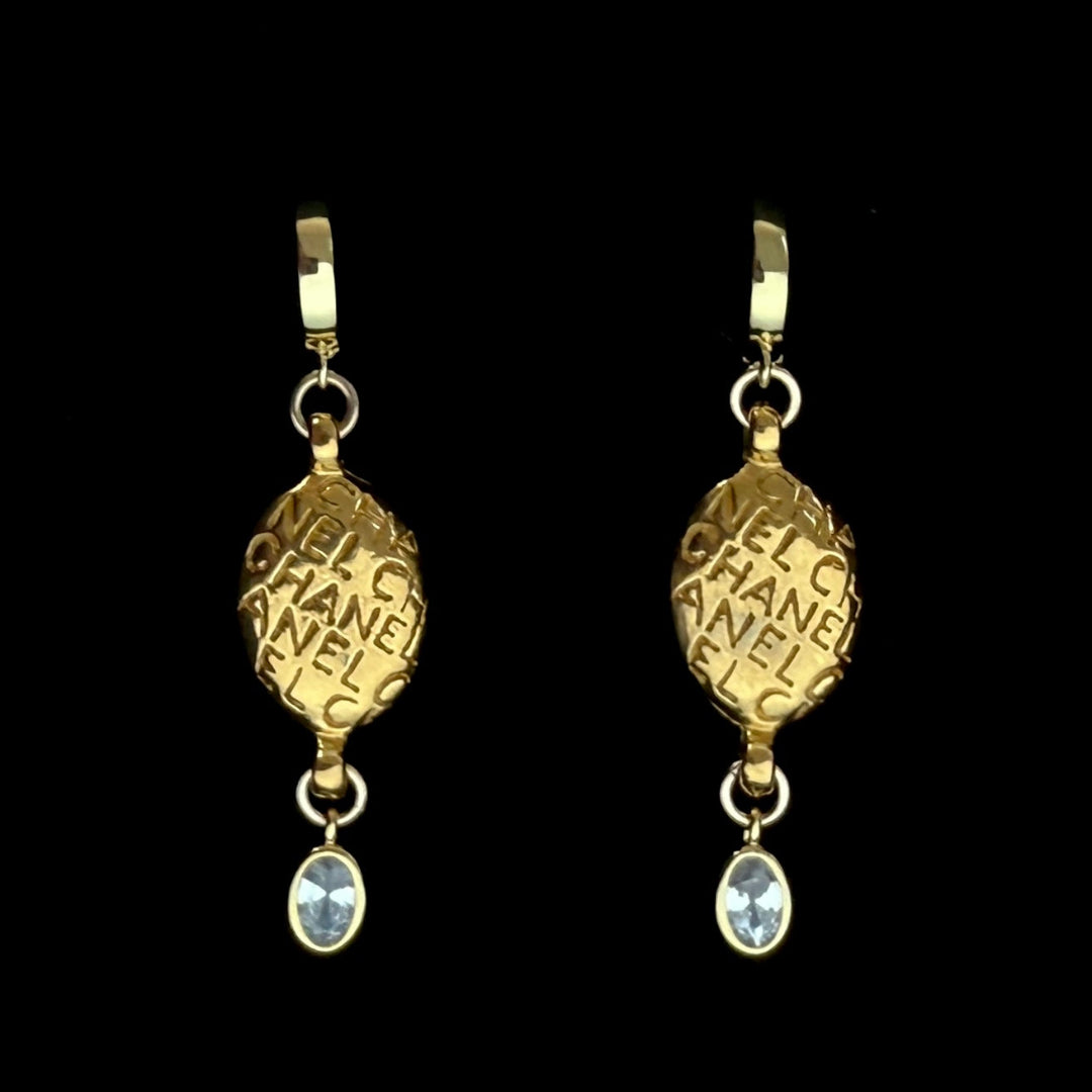 Gold Oval Printed Earrings with Crystal Drop