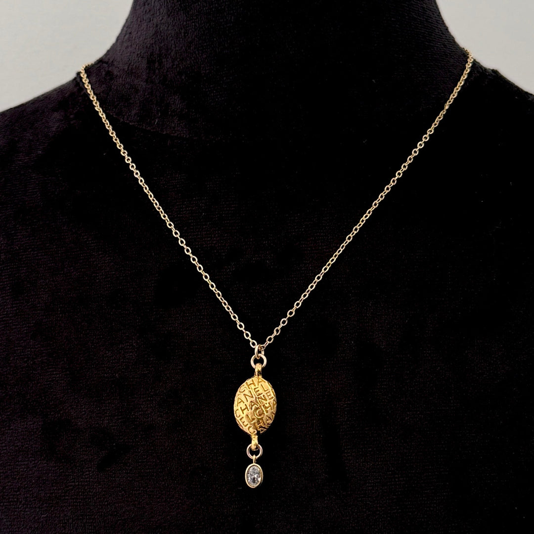 Gold Oval Printed Necklace with Crystal Drop