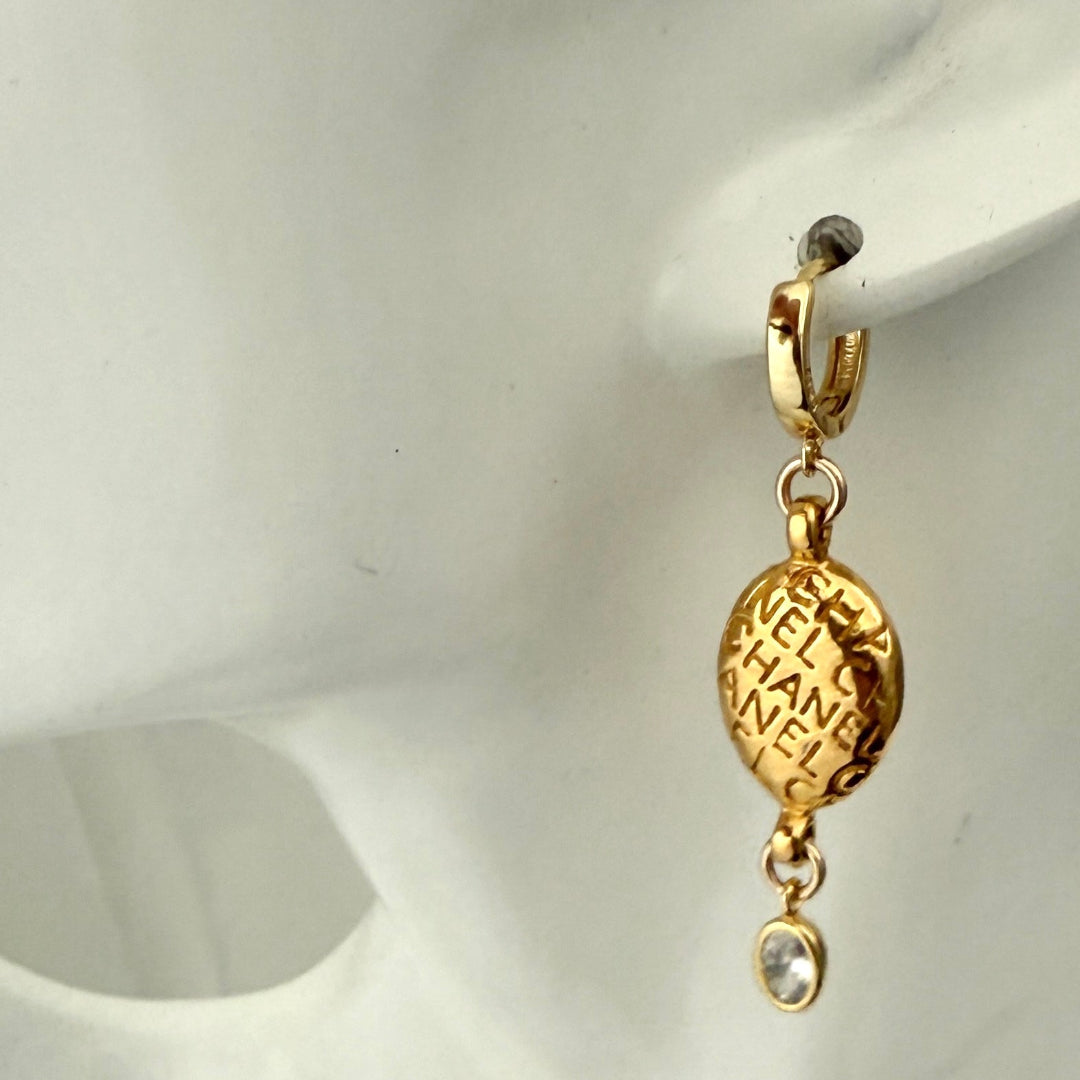 Gold Oval Printed Earrings with Crystal Drop