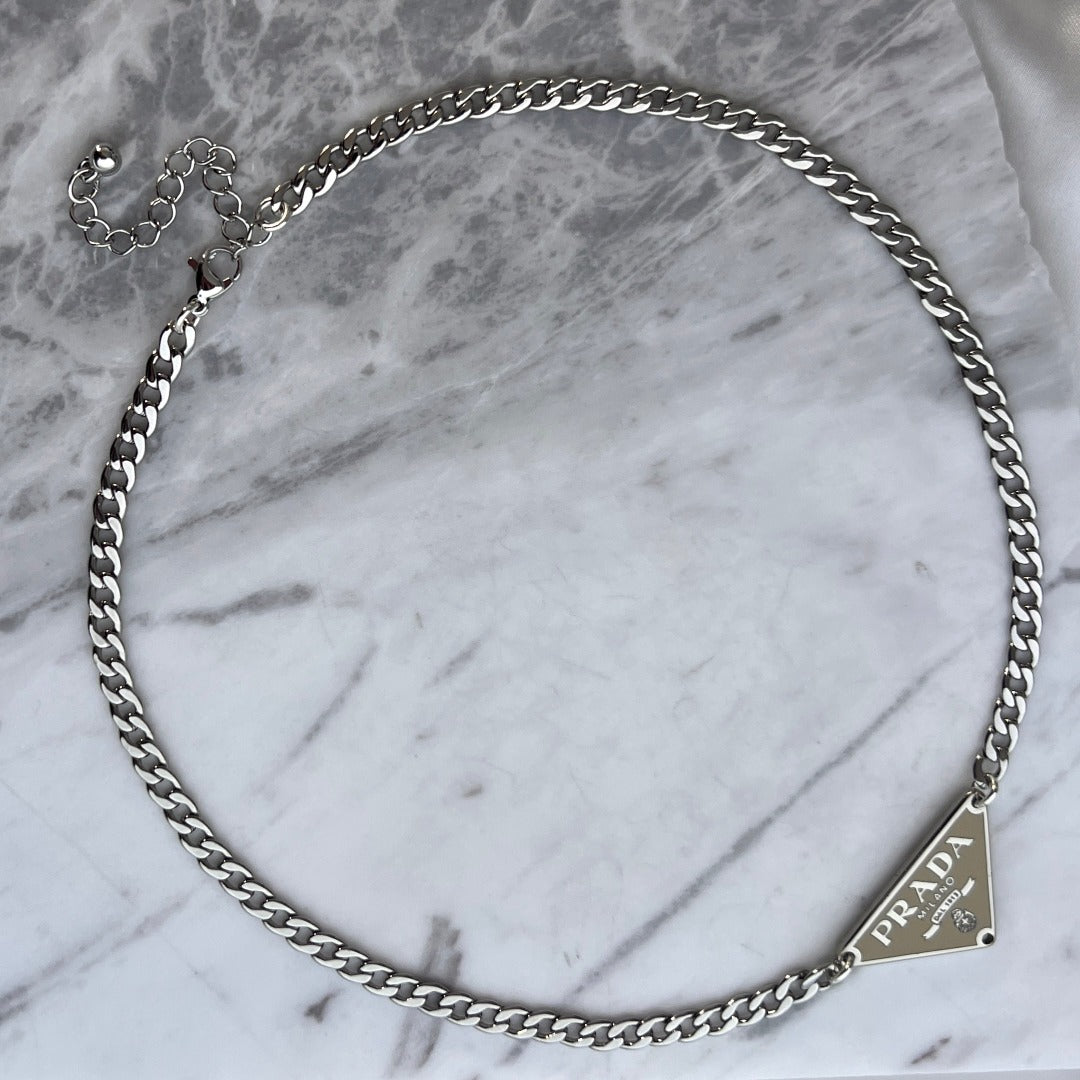 Small Beige & Silver Triangular Logo Choker