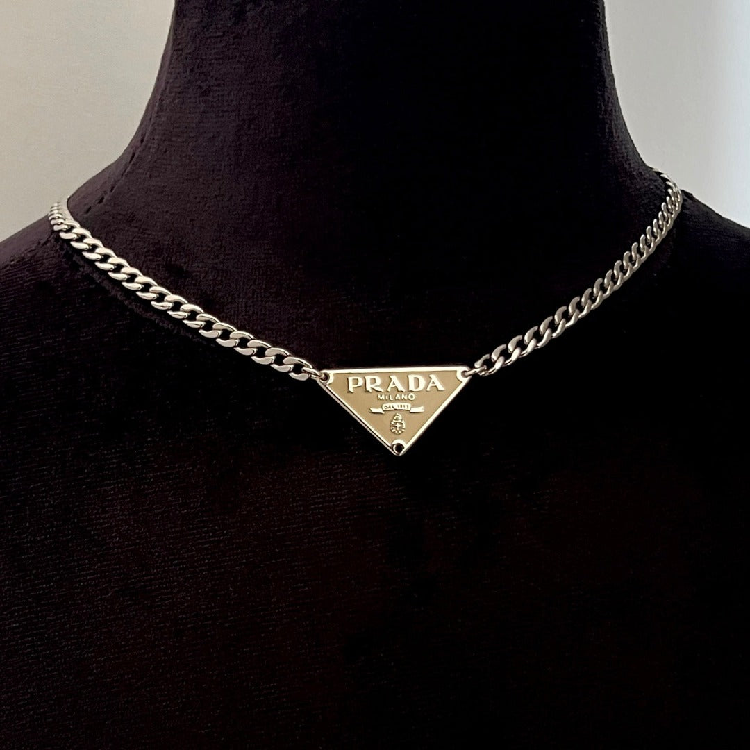 Small Beige & Silver Triangular Logo Choker