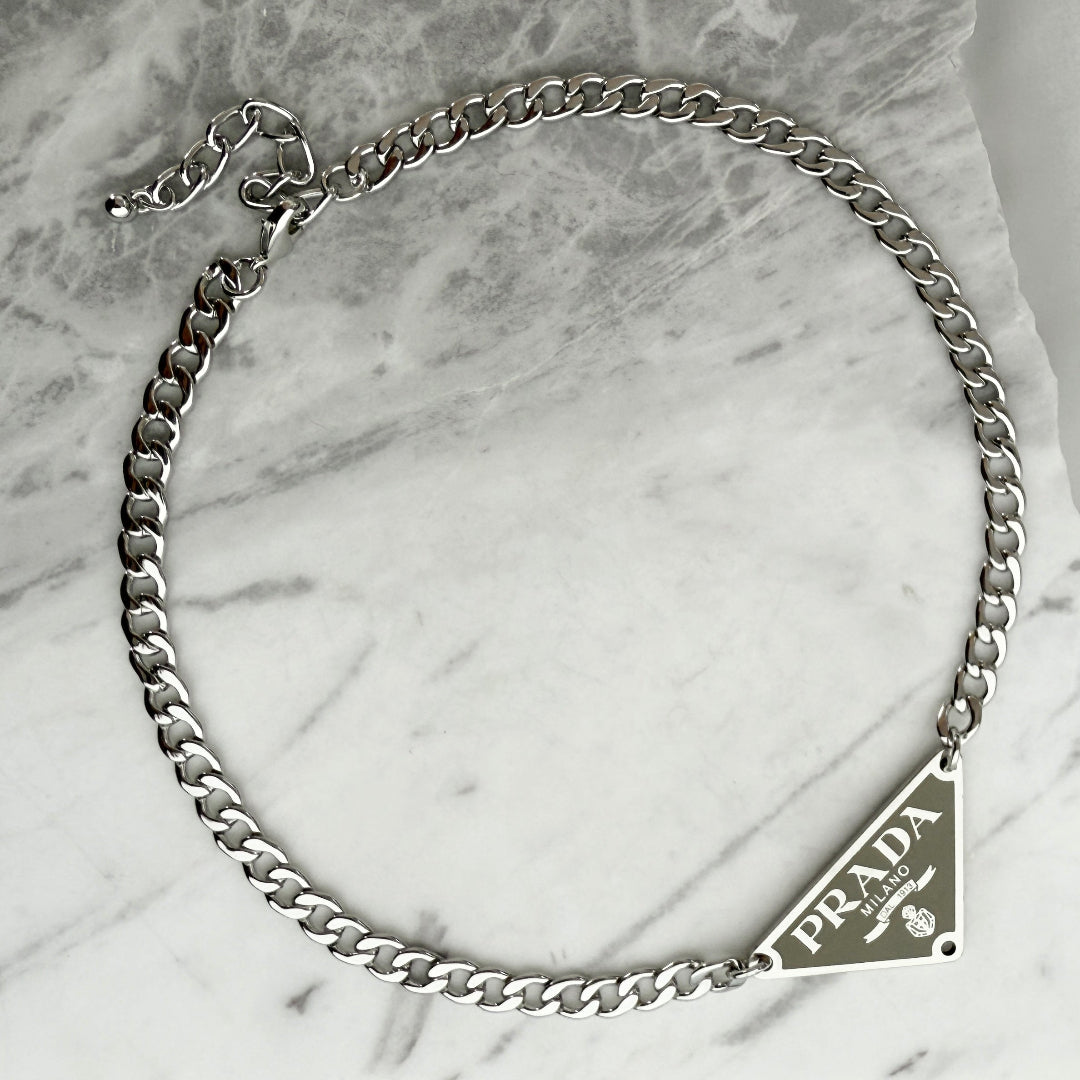 Large Sage Green & Silver Triangular Logo Choker